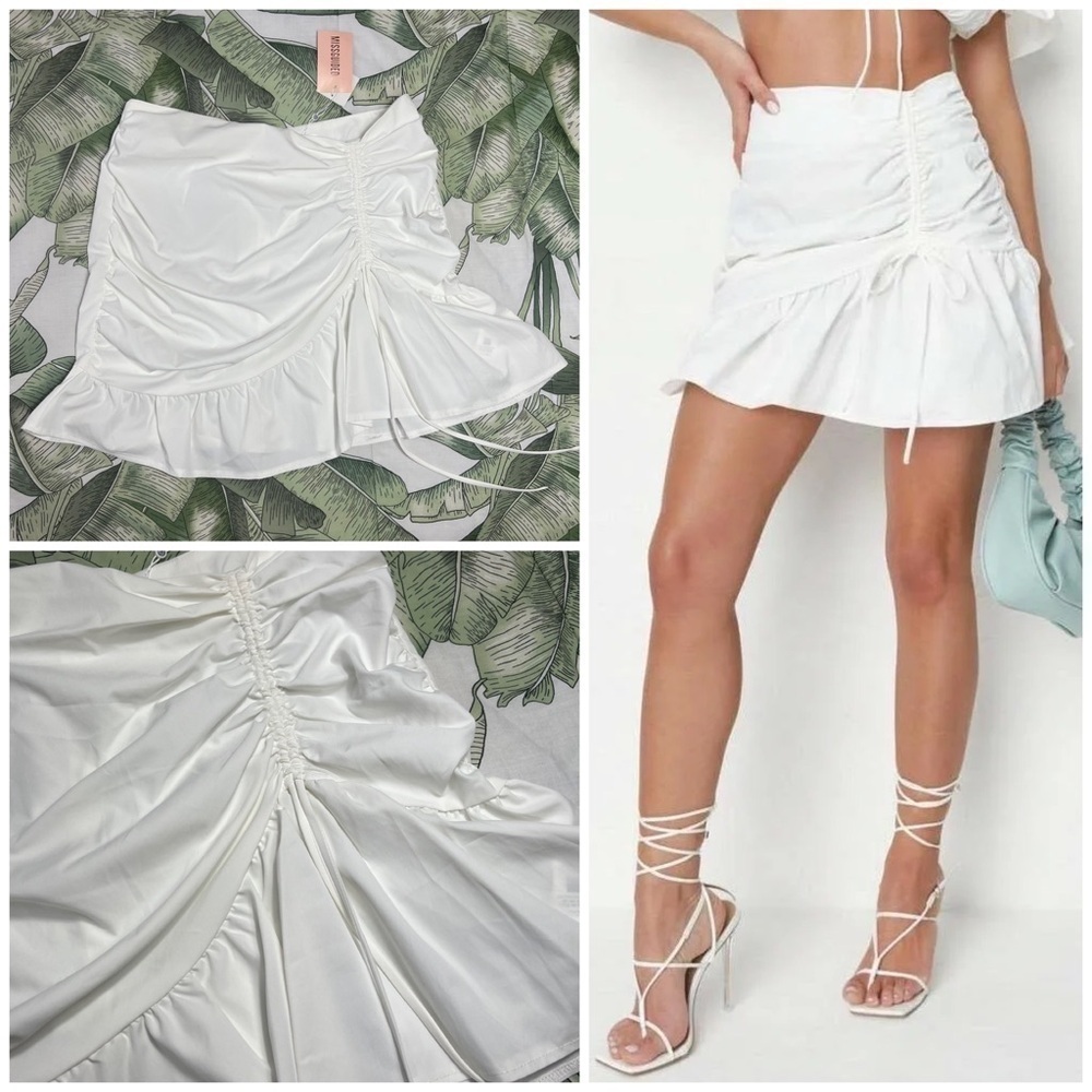 Missguided White Poplin Side Ruched Mini Skirt Ruffle Flounce Hem Size 14 XL